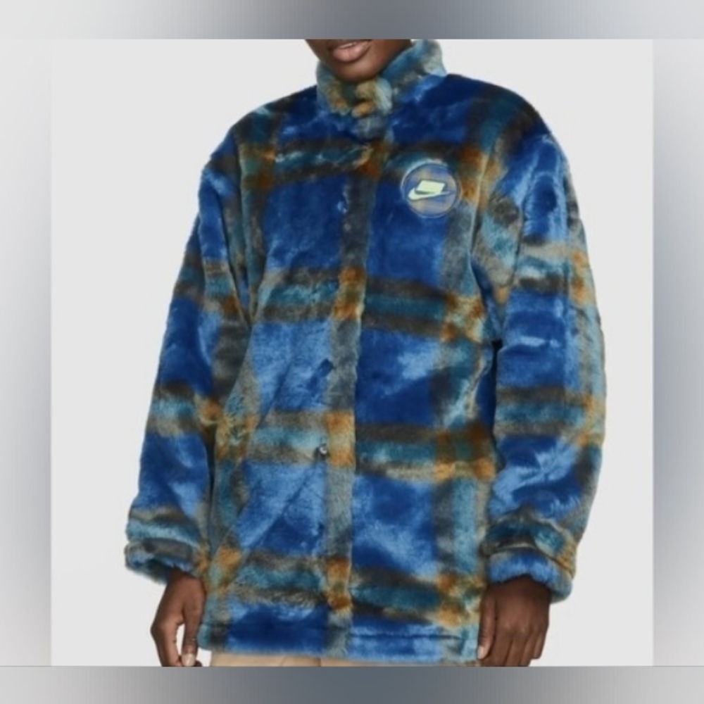 Blue & Green Oversized Faux Fur Plaid Button Front Pea Coat